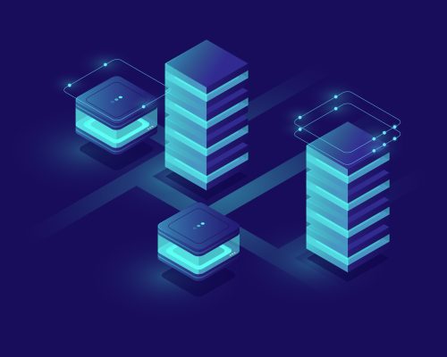 Concept of smart urban city with server room and database icons, data center and database, big data processing isometric vector